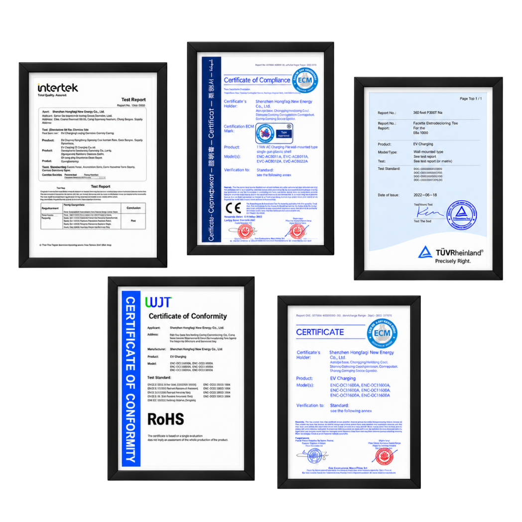 Certificados CE, CB, TÜV, RoHS e ETL emoldurados